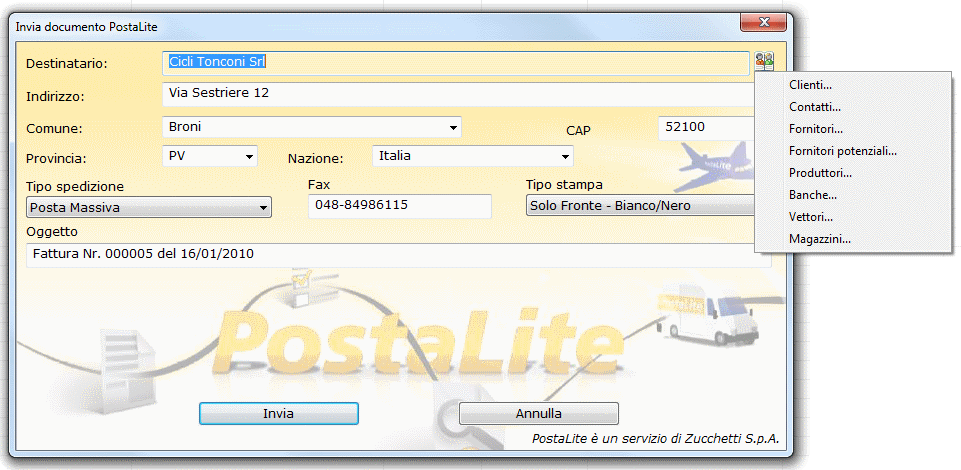 PostaLite, finestra di esportazione documento