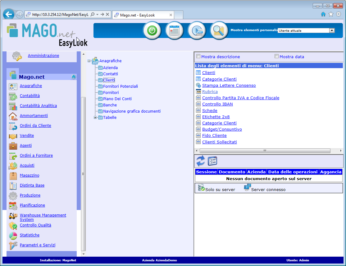 Il menu di navigazione sui report di EasyLook è conforme a quello di Mago.Net